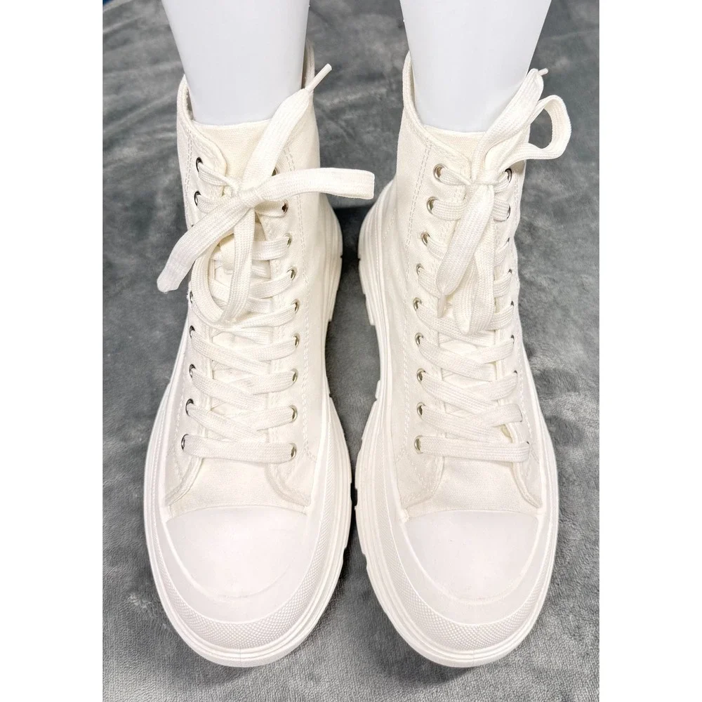 Sheln Platform Sneaker Boots Womens 9 White Canvas High Top Lace Up Chunky